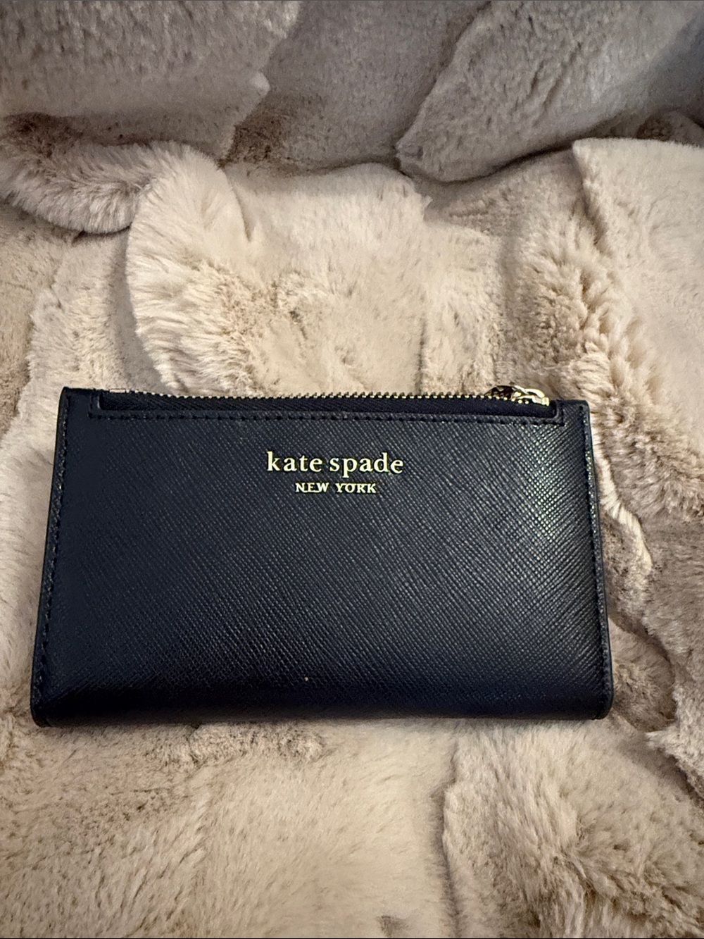 kate spade Black Saffiano Leather Zip Card Case with Gold Logo